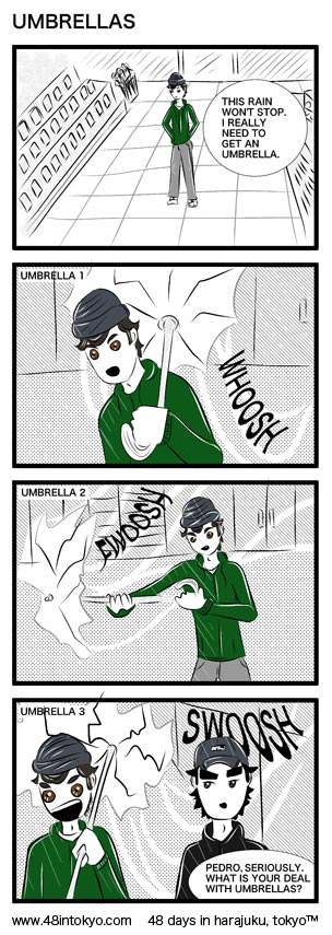 Pedro has a hard time with umbrellas in Japan.